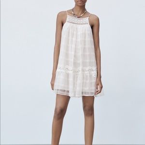 Zara Short A-Line Flowy Mini Dress Embroidered Trim Square Neckline Small NWT‎